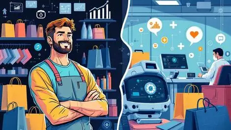 Confident retail worker shopping bags digital icons doctor concerned medical ai contrast