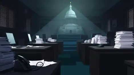 Darkened government office computers off papers stacked phones unused cyberattack disruption