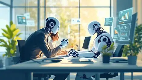 Realistic illustration office workers collaborating with humanoid robot modern desk ai integration