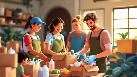 Volunteers packing food hampers backpacks australian families community center