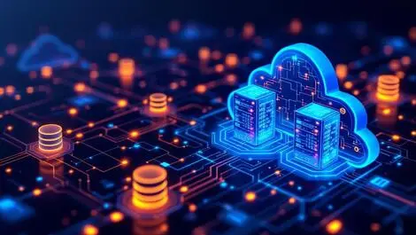 Digital illustration cloud servers ai circuitry glowing database icons data streams