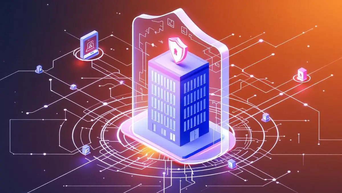 Secure office building digital shield cybersecurity network icons