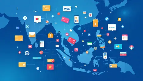 Asian digital payment icons mobile wallet apps banking cards map boom