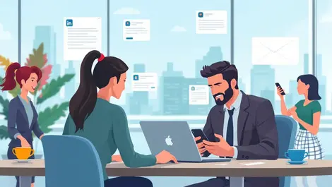 Uk business professionals networking linkedin laptops smartphones modern office