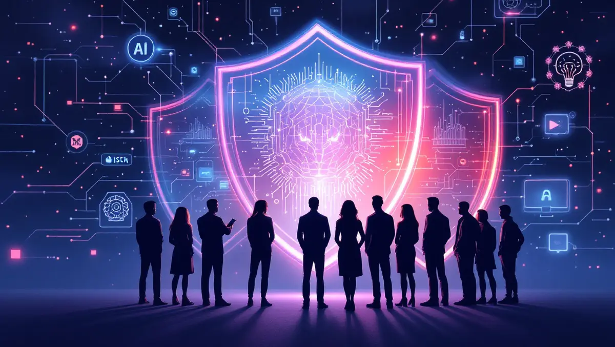 Group of people protecting digital shields against ai threats illustration