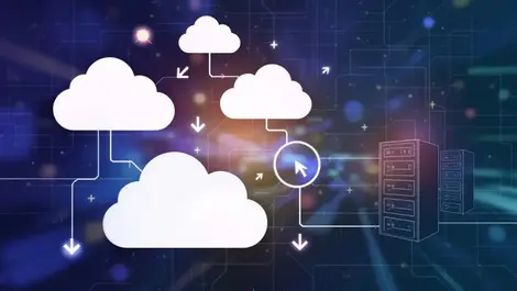 Cloud computing scaling illustration interconnected servers nodes arrows