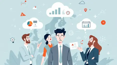 European business concerned professionals cloud icons pie chart overspending project delays