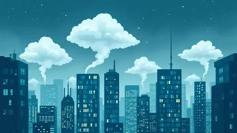 European office buildings digital clouds tech pollution emissions symbol