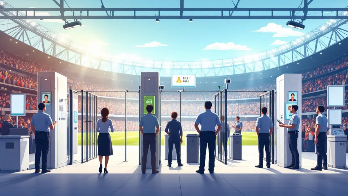 Realistic security checkpoint sports stadium facial recognition cameras scanning faces
