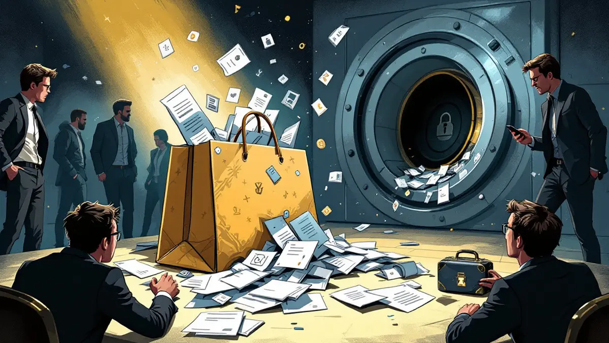 Luxury shopping bag spilling documents digital symbols worried people exposure security vault