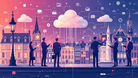 Business professionals exchanging digital data cloud icons european landmarks