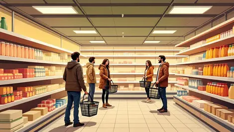 Empty supermarket shelves uk disappointed shoppers holding empty baskets