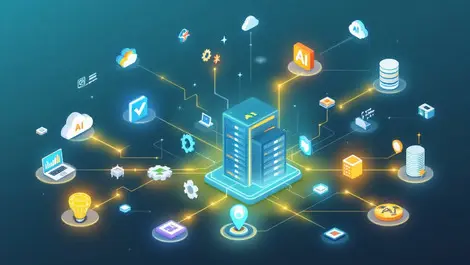 Interconnected server racks glowing lines ai tools software development environments