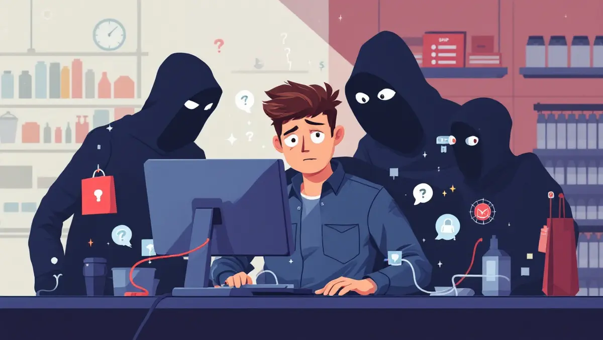 Worried retail worker computer cyber attackers digital threats illustration