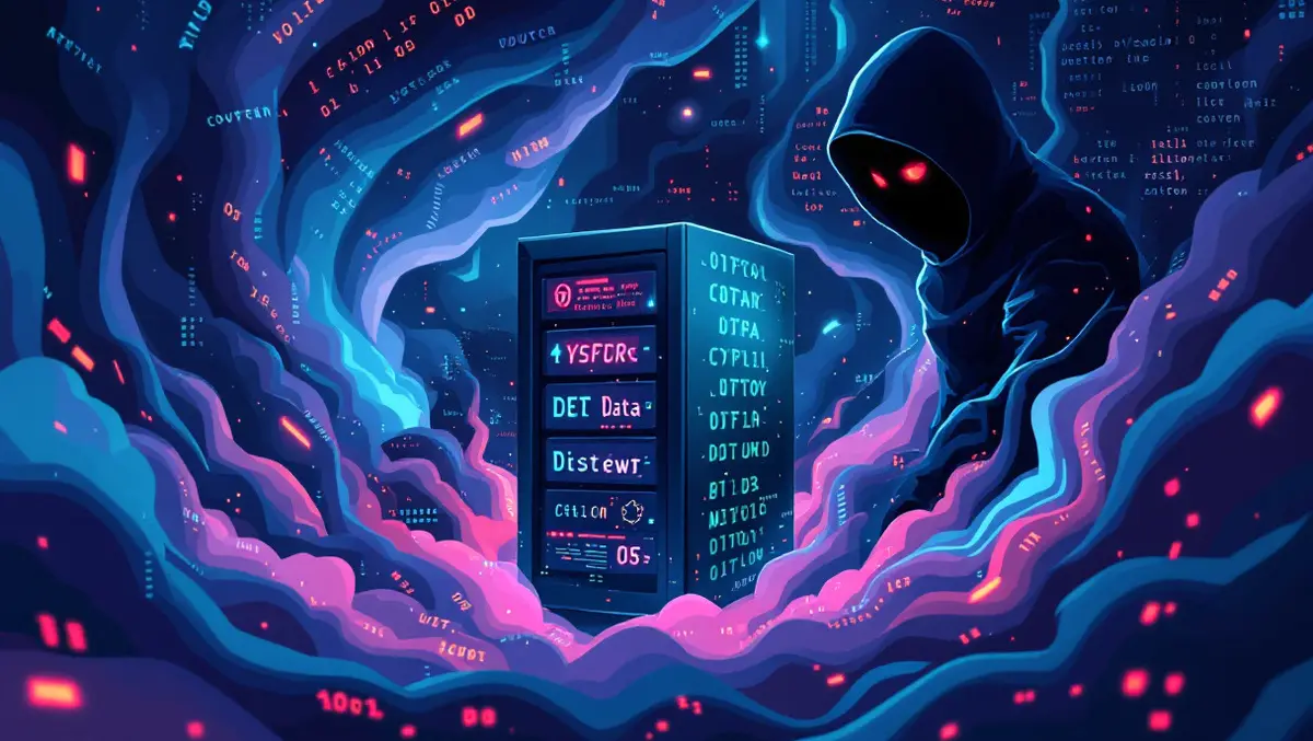 Computer server surrounded by corrupted code symbolizing data poisoning cyber attacker shadow