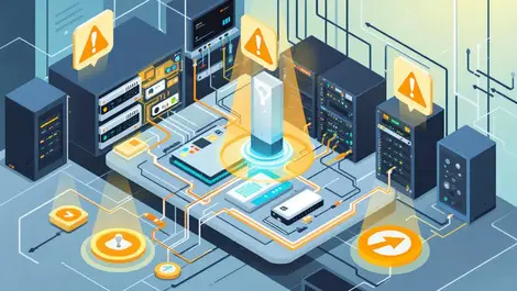 Secure server room connected devices exposed circuit boards warning icons vulnerabilities modern tech