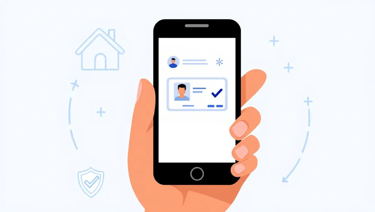 Hand holding digital wallet app with id card icons houses shield checks