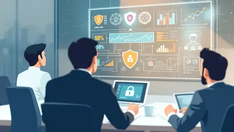 Business boardroom executives reviewing digital cybersecurity dashboard indicators