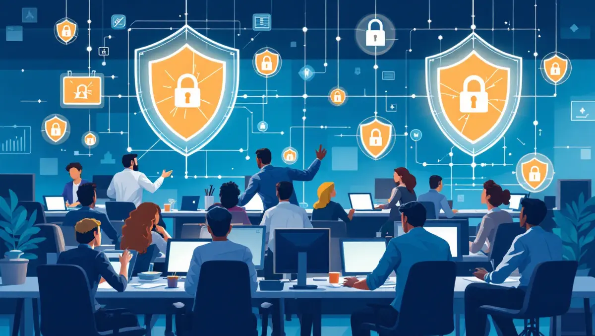 Busy modern office workers digital security icons shields locks vulnerable