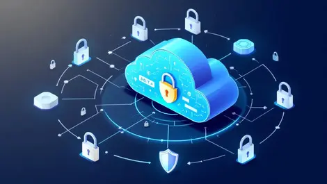 Secure digital cloud illustration locks shields data nodes privacy security