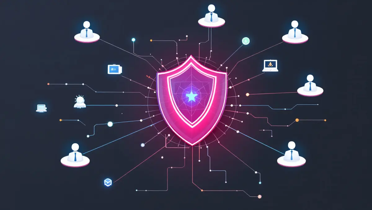 Shield protecting connected human figures and computers cybersecurity training defense