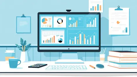 Classic office desk computer spreadsheet charts graphs papers calculators coffee mugs uk small business financial management