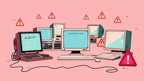 Digital illustration group computers laptops old os interface warning cybersecurity risks support ends