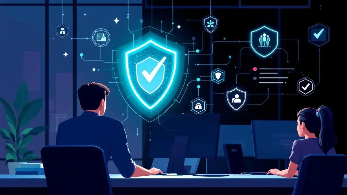 Professional office employees computers cybersecurity digital shields