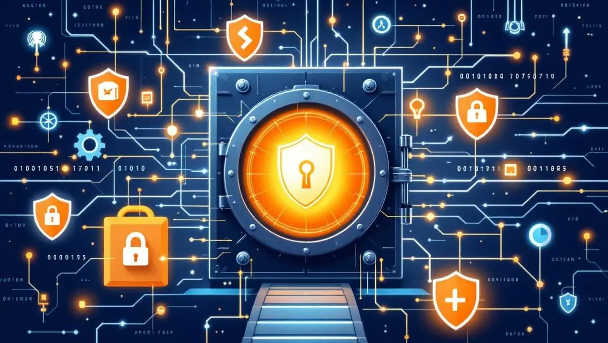 Strong secure vault surrounded by digital code shields cyber protection business continuity