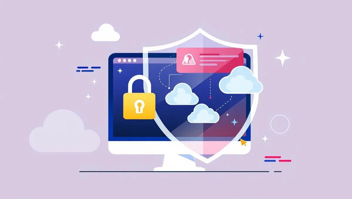 Locked shield over computer screen with cloud icons secure web applications
