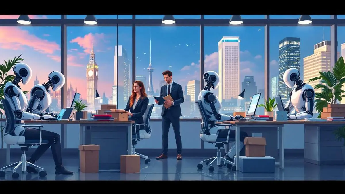 Realistic illustration robots working at desks modern uk office ai replacing jobs