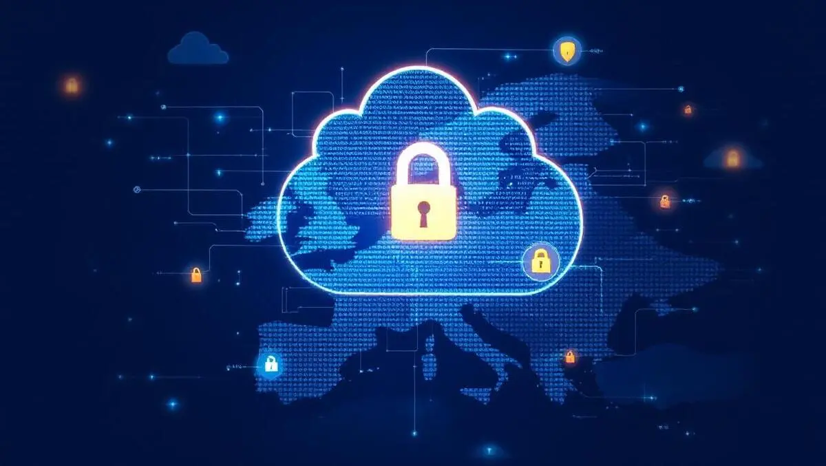 Secure data cloud above europe map with digital locks shields symbolizing privacy