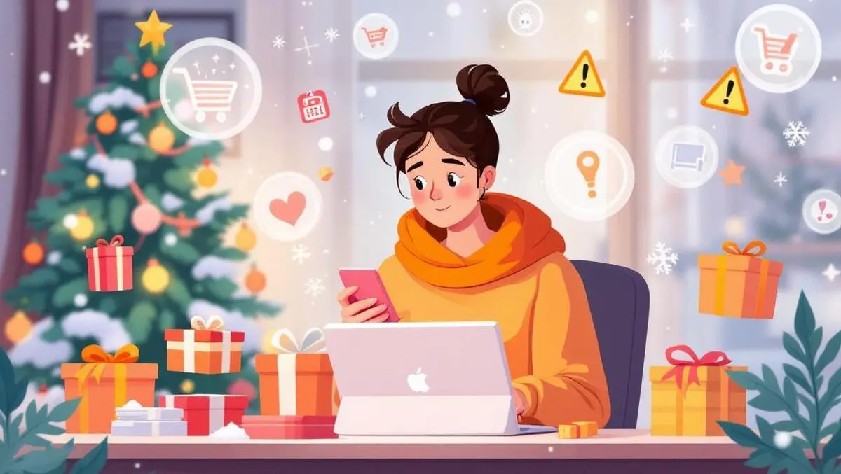 Young british shopper online holiday deals winter shopping icons warning