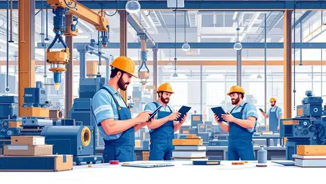 Factory workers using digital tablets computers industrial machinery