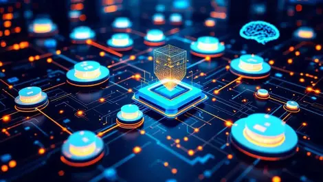 Interconnected data nodes glowing lines high speed processing secure management