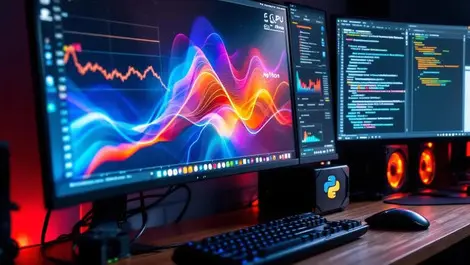 Realistic computer workstation multiple monitors gpu graphs intel nvidia python code