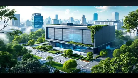 Modern data centre surrounded by greenery in urban tokyo clear sky