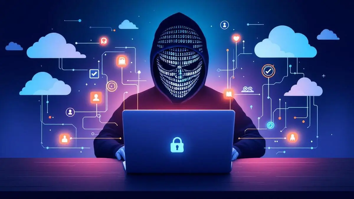 Laptop digital clouds data streams binary code cybersecurity threats illustration