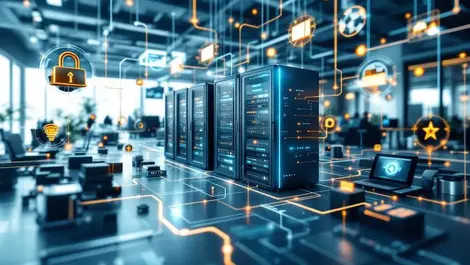 Detailed illustration interconnected computer servers devices flowing lines modern office it data integration