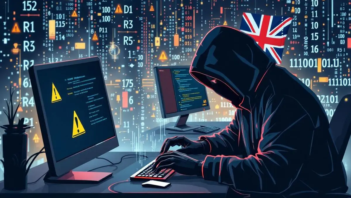 Uk financial theft digital thieves hoodies warning symbols computer data streams