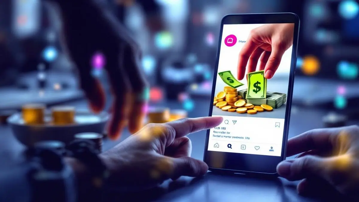 Realistic smartphone showing cash coins shadowy hands online scam symbol