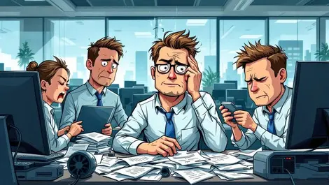 Frustrated australian office workers struggling with malfunctioning computers in open plan workspace