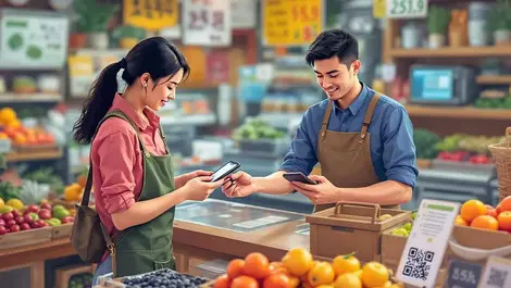 Realistic illustration merchant asian market scanning smartphone contactless payment qr code