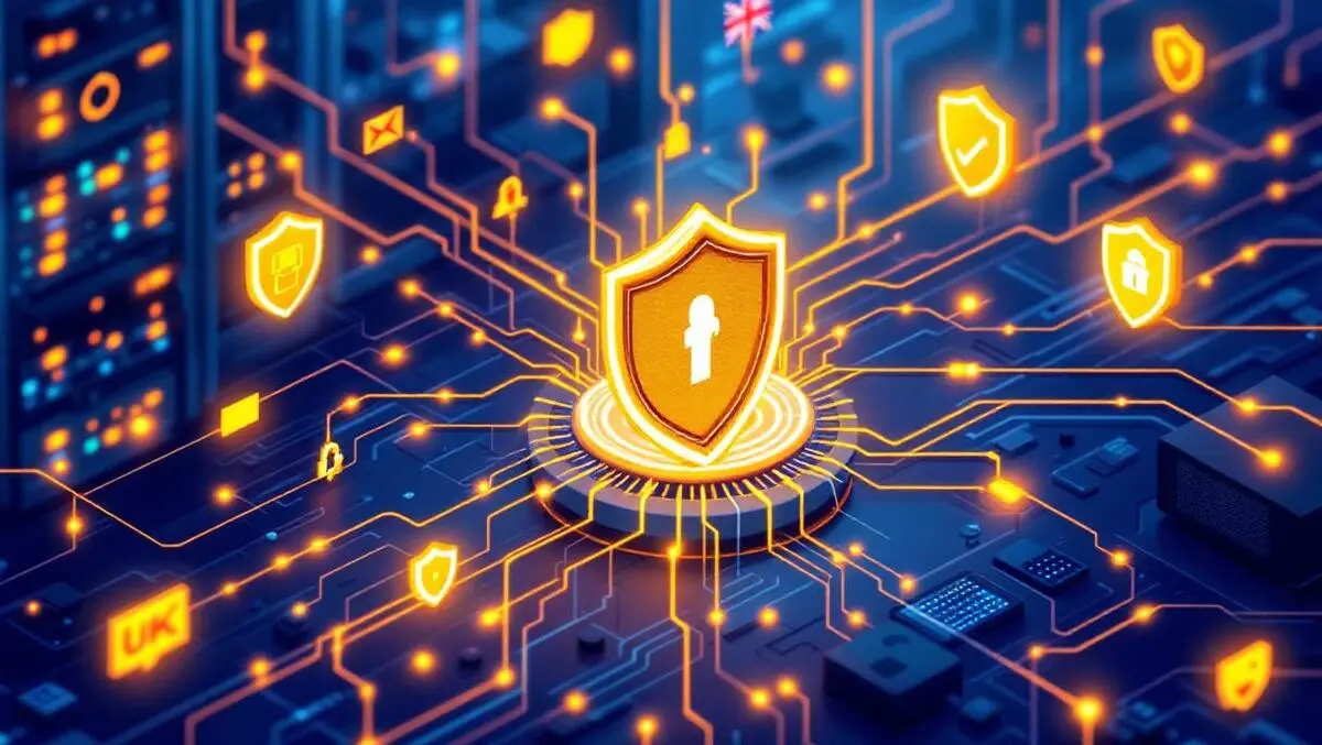 Modern secure data center illustration glowing network cables shield icons uk elements
