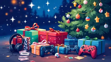 Festive holiday scene wrapped gifts headphones sports gear game controllers experience tickets under christmas tree illustration