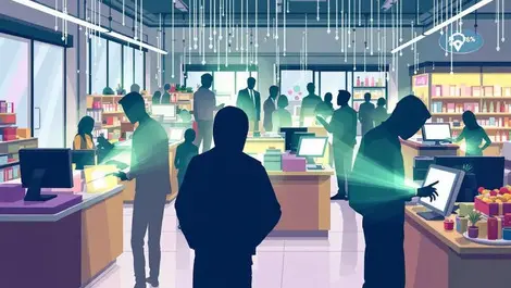 Busy retail store digital shadowy figures cyber threats pos terminals