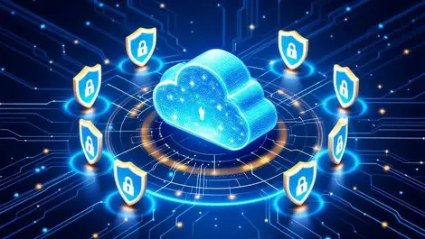 Secure digital cloud surrounded by protective shields network lines zero trust security