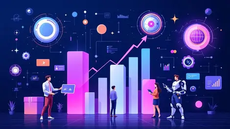 Stylized illustration team professionals modern technology robotics growth charts ai productivity