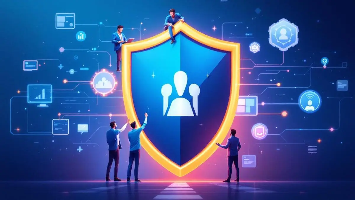 Professionals collaborating around shield symbol protecting digital threats