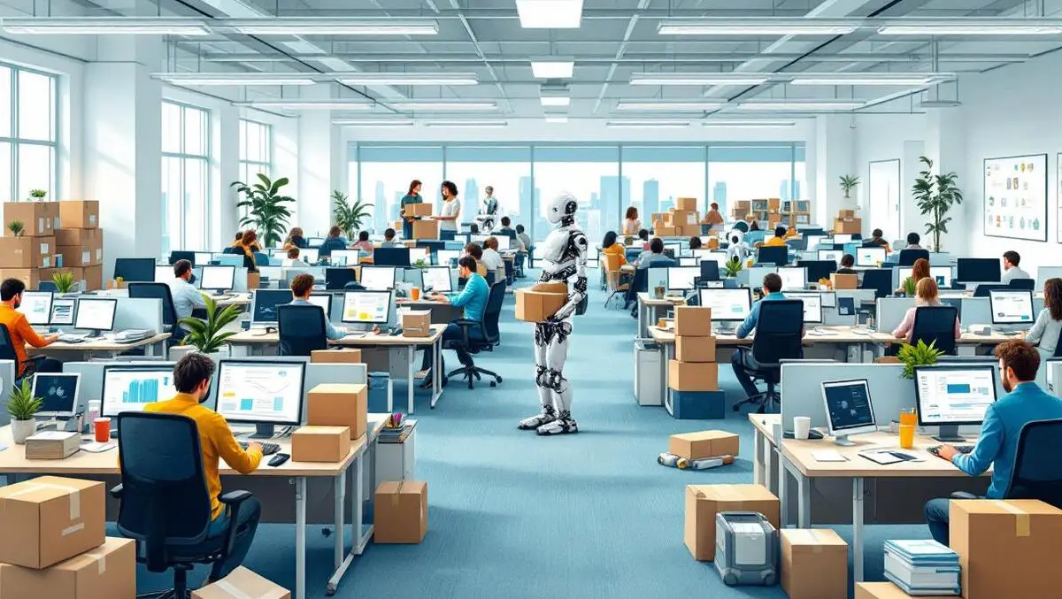 Realistic illustration uk open plan office ai robots working employees leaving boxes